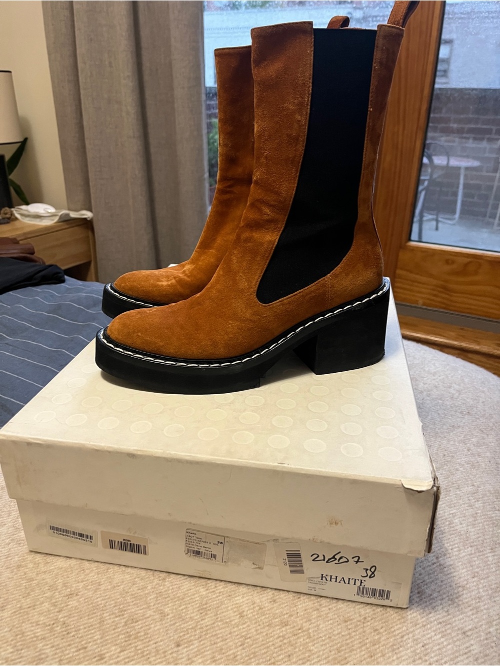 KHAITE Calgary Boot in Cognac Brown Suede
